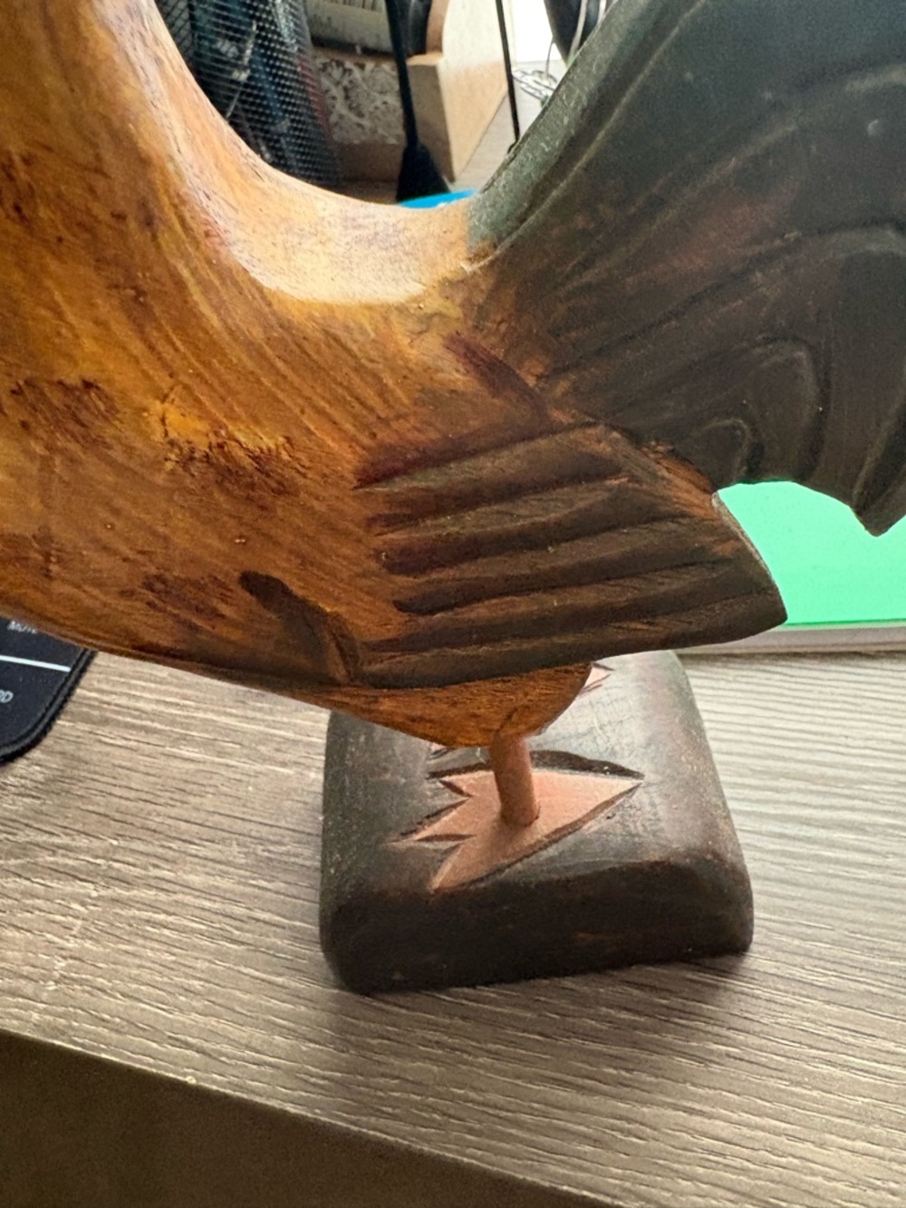 Hand-Carved Wooden Rooster Figurine - Yellow & Dark Green - Picture 8 of 10